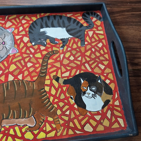 Fat Cat Wooden Serving Tray Handpainted Folk Art One of a Kind! Whimsical Decor - Picture 4 of 4